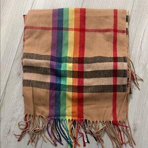 Tan Plaid Scarf with Rainbow Stripe